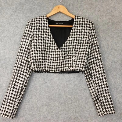 Blazer corto de tweed pata de gallo para mujer S ZARA negro blanco tachonado alfiler dinero antiguo Foto 1 de 4