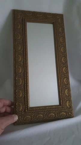 Ornate Framed Mirror Tooled Brass Wood Square Diamond Beveled 18" Vtg Antique Cover