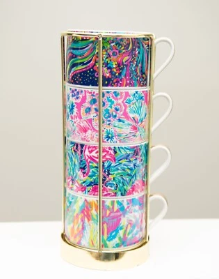 Juego de 4 tazas apilables de porcelana para café espresso Lilly Pulitzer 8 oz con soporte para carrito Foto 1 de 2