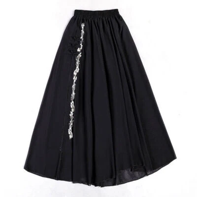Women Ethnic Midi Skirt Chiffon Floral Embroidery Elastic Waist Button Dresses - Image 1 of 4