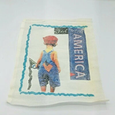 Needlepoint Pattern God Bless America Little Boy in Overalls USA Flag Patriotic - Image 1 of 4