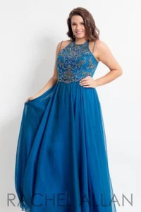 Splendido abito da gala Rachel Allan 6321 blu pavone sfilata taglia 24W - Foto 1 di 2