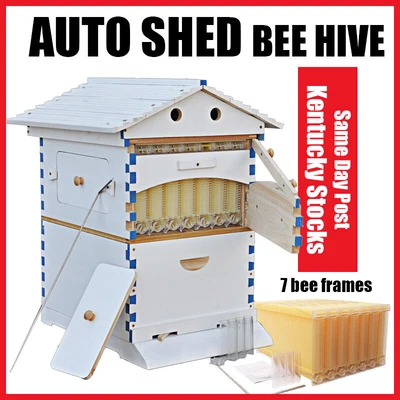White Wooden Beekeeping Beehive House Bee Boxes 7 Auto Honey BeeComb Hive Frames - image 1 of 4