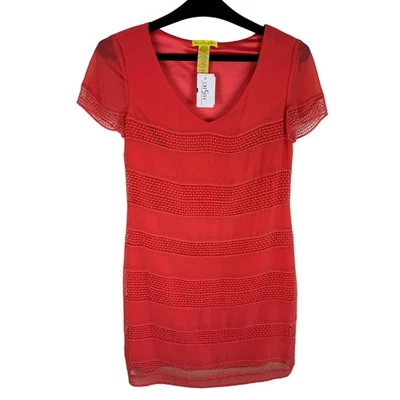 Vestido Vaina Corto Catherine Maladrino Nuevo con Etiquetas Coral Manga Corta Cuello en V Crochet 2 Foto 1 de 4