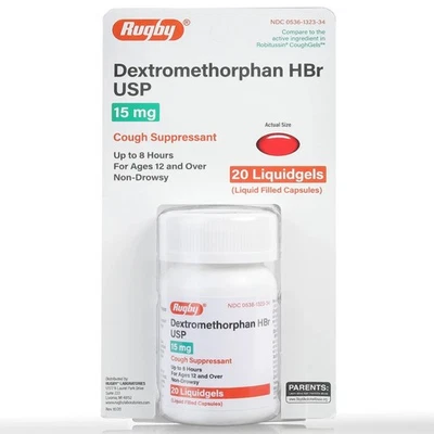 Paquete de 6 cápsulas blandas de gel para la tos Robitussin para rugby dextrometorfano 15 mg - 20 unidades Foto 1 de 3