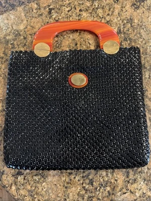 Vintage WHITING & DAVIS black Mesh Purse Handbag FAUX TORTOISE Plastic Handles - Image 1 of 4