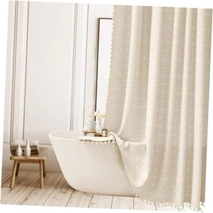 Boho Beige Striped Shower Curtain Farmhouse Polyester- linen Neutral Shower - Picture 1 of 7