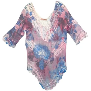 Paradise V-Neck Pastel Tie-Dye Crochet Accent Tunic Beach Cover-up - Picture 1 of 9