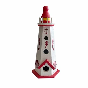 Faro de madera pintado rojo y blanco hecho a mano casa para pájaros 10,5" x 4,75" - Imagen 1 de 9
