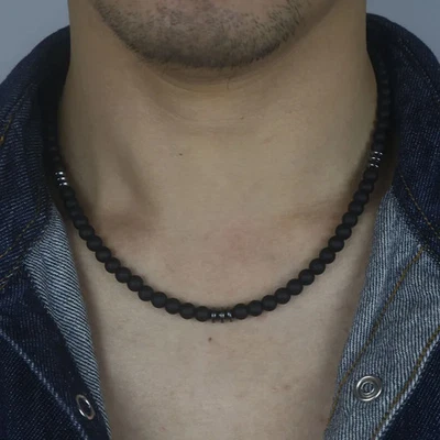Collar con cuentas de piedra de lava 6 mm collar de surfista negro natural joyería para hombre Foto 1 de 4
