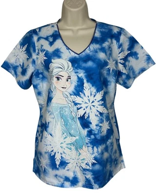 Disney Frozen Women's Scrub Top Pockets Graphic Blue & White Size Medium - Image 1 of 4