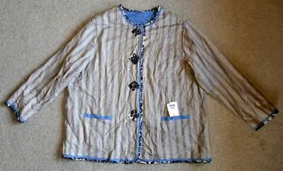 Womens Jacket-KOOS OF COURSE-blue/beige striped REVERSIBLE linen blend ls-2X - Image 1 of 4