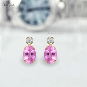 Hallmarked 14k Solid Gold Natural Pink Sapphire Diamond Accent Oval Stud Earring - Picture 1 of 22