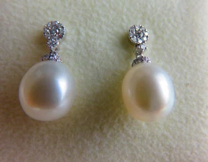 Pendientes colgantes de perlas de diamante oro blanco de 18 quilates todas piedras naturales - Imagen 1 de 3