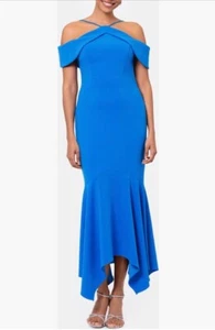 Xscape Evenings Pañuelo Hombro Frío Dobladillo Buceo Crepe Vestido en Azul - Talla 16 - Imagen 1 de 6