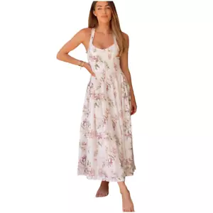 Vestido midi Brock Collection x H&M crema floral espalda cruzada XS 0 2 lino lyocell - Imagen 1 de 16