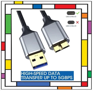 USB 3.0 Hard Drive Braided Cable 5Gbps for Portable External Hard Drive Xbox PS - Picture 1 of 6
