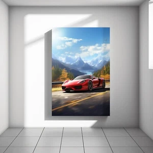 Red Porsche, Mountain Landscape, Car Wall Art, Sports Car Canvas and Poster H63 - Picture 1 of 3