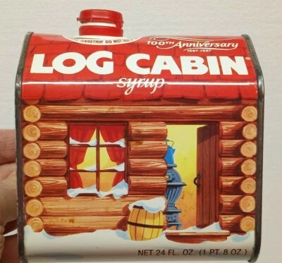 VTG LOG CABIN SYRUP 100TH ANNIVERSARY 24 OZ EMPTY CAN TIN WITH CAP 1987  - Image 1 of 4
