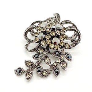 Vintage Ribbon Floral Swag Brooch Pin Silver Tone Black Grey Crystal Unbranded - Picture 1 of 11