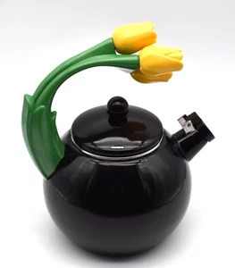 Vintage Ancona Teapot Black Enamel Yellow Tulip ~ Missing Hummingbird - Picture 1 of 12
