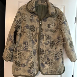 Vintage Reversible Jacket Grannycore Coat Green Blue Brown Fleece WOMENS LARGE - Picture 1 of 7