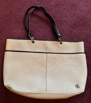 Ralph Lauren Beige Linen Tote Bag with Brown Leather Trim — Excellent Condition  - Image 1 of 4