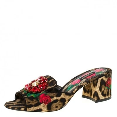 Dolce & Gabbana Leopard Print Rose Crystal Embellished Slip On Sandals 7, 37 - Image 1 of 4