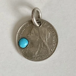 Silver 3d Coin Charm Pendant Turquoise Antique Victorian 1896 Lucky Three Pence - Picture 1 of 8