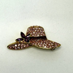 Vintage Monet Purple Pink Rhinestone Hat Brooch Pin Gold Tone Signed - Picture 1 of 4