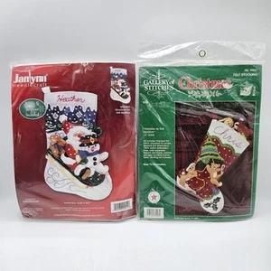 2 Vintage Christmas Felt Stocking Kits Janlynn Bucilla Bears Santa Snowman NEW - Picture 1 of 9