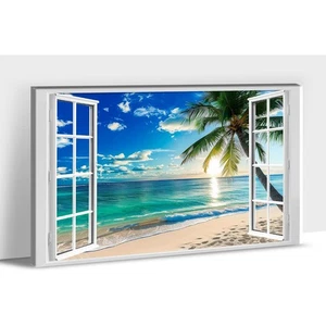 Arte de pared en lienzo de océano azul para sala de estar - cuadros de playa de coco con ventana - mares - Imagen 1 de 1
