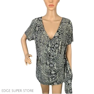 Essentials By Milano Speckle Ruffle Ruched Stretch Vneck Short Sleeve Top Large - Picture 1 of 7