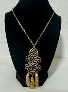Collar Vintage Corona Trifari Colgante Borla y Flores Florales Tono Dorado Etiqueta Colgante - Imagen 1 de 6