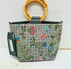 Bueno Handbag Embroidered Flowers and Butterflies Round Wooden Handles Tote - Picture 1 of 12
