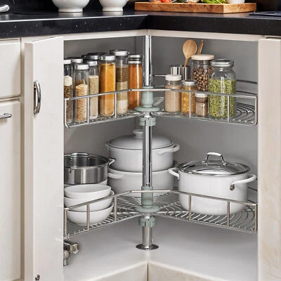 2 Stainless Steel Shelves Lazy Susan Corner Kitchen Cabinet Rotating Organizer - Image 1 of 4