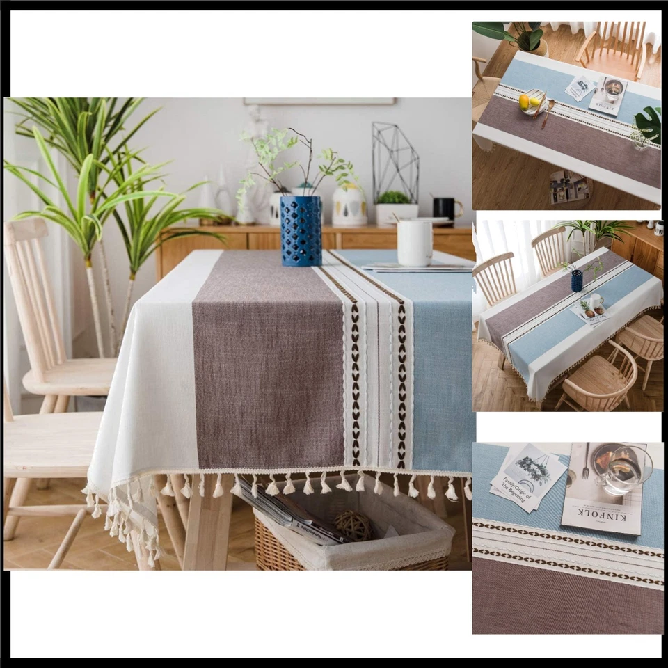 Maschinenwaschbare Leinen Tischdecke 140x180 cm mit Fransen im Landhausstil - Bild 1 von 1