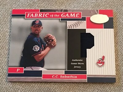 C.C. Camiseta deportiva de tela del juego Sabathia 2002 con certificación Leaf #FG104 #11/50 SP HOF Foto 1 de 2
