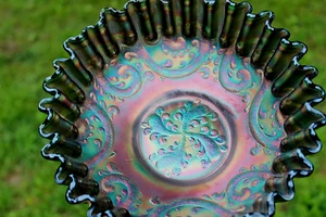 ANTIQUE FENTON FEATHERED SERPENT CARNIVAL GLASS CRE BOWL - GREEN, SCARCE SHAPE - Picture 1 of 7