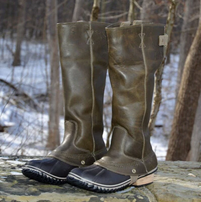 NUEVO - Botas altas de cuero Sorel Slimpack para montar para mujer en verde Nori Foto 1 de 4