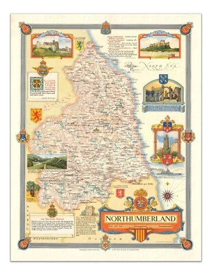 Mapa ilustrado vintage de Northumberland - impresión histórica de cartografía decorativa Foto 1 de 4