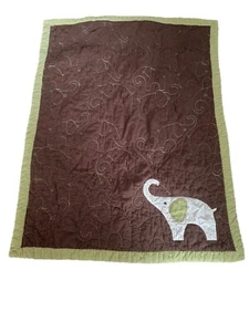 Carter's Crib Blanket Quilt Embroidered Elephants Brown Green - Picture 1 of 10