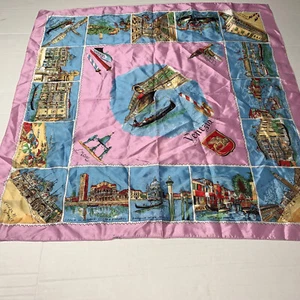 Vintage VENICE Venezia Pink Scarf ITALY Souvenir Historical Landmarks 26"X26" - Picture 1 of 24