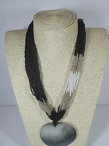 Chicos Multi Strand Beaded Necklace Round Shell Pendant MOP Black White Beads - Picture 1 of 11