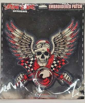 NOVO ADESIVO BORDADO CAVEIRA MOTOCICLISTA VINTAGE VERMELHO AMEAÇA LETAL 10,5"x10,5" LT30135 - Imagem 1 de 2