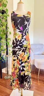 Sz 10 Vintage Adrianna Papell 100% silk Slip Dress Tank Maxi Floral Chiffon - Image 1 of 4