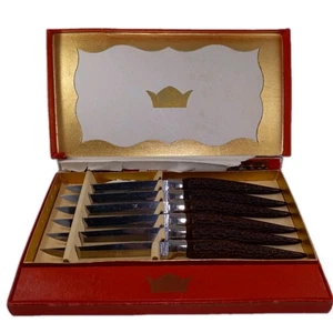 Vintage 6 PC Steak Knives Stainless Hammer Brand Faux Wood Handle Wondawood - Picture 1 of 7