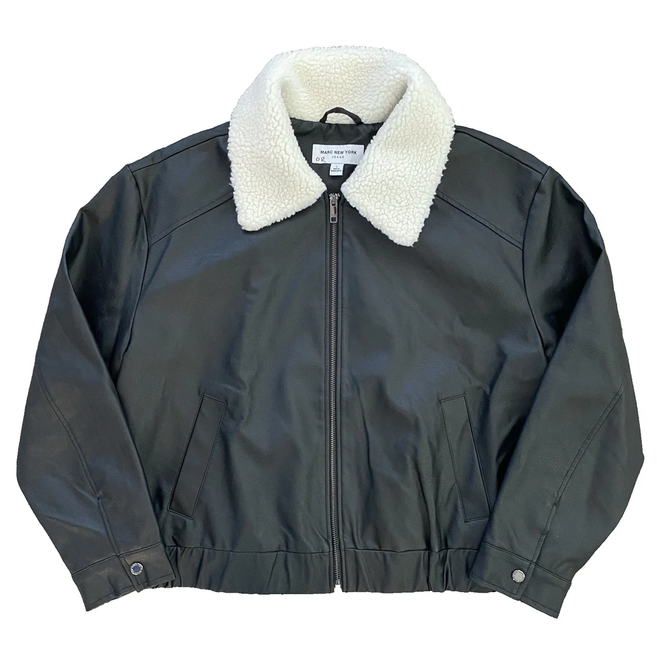 Andrew Marc New York Men’s LARGE Faux Leather Jacket with Sherpa Trim Collar - Image 1 of 4