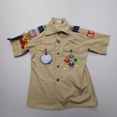 Boy Scouts Of America Niños Jóvenes Uniforme Mediano Camisa Hecha en EE. UU. Parches Prendedores Foto 1 de 4