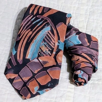 HARDY AMIES LONDON Silk Neck Tie Luxury Designer 56x3.75" Abstract Art VTG Multi - Image 1 of 4